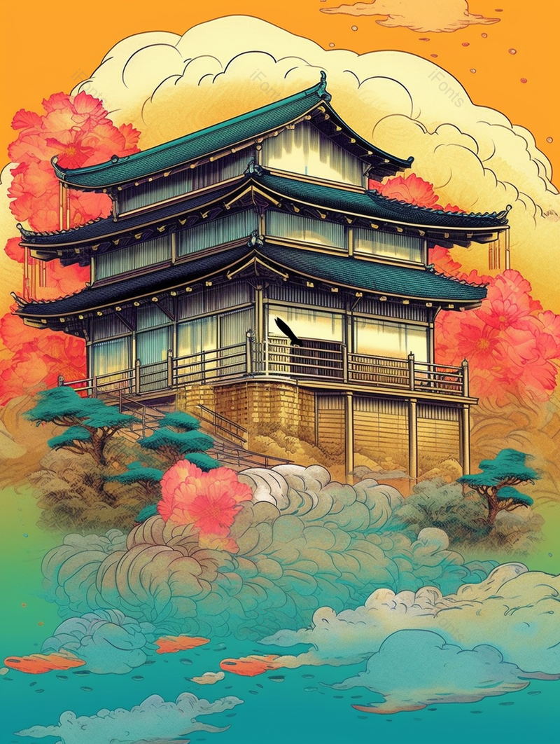 盛夏的花朵树木和中国风建筑插画背景,插画/手绘图,插画/手绘图库,插画/手绘图下载,插画/手绘